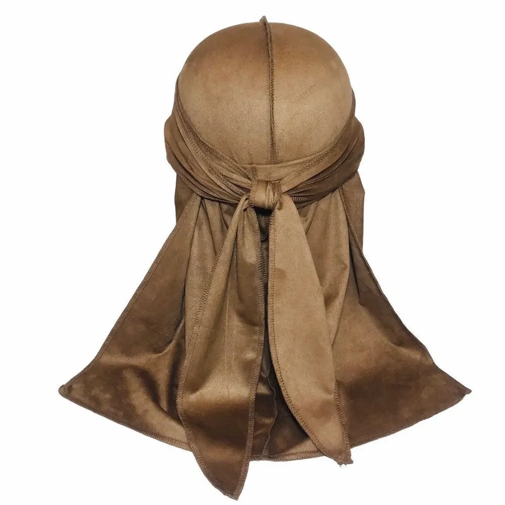 Suede Durag Long Tail Head Scarf Light Brown Turban Head Cap Wage